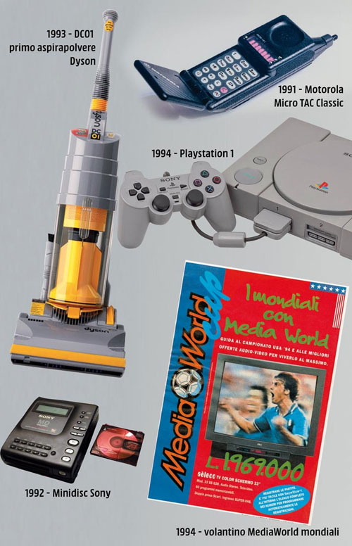 Aspirapolvere, cellulare, PlayStation, lettore Minidisc e volantino MediaWorld su sfondo grigio chiaro.