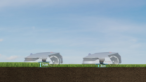 Due robot tagliaerba su prato verde con terra marrone sotto e cielo azzurro sopra. Altezze di taglio di 7 cm e 3 cm.