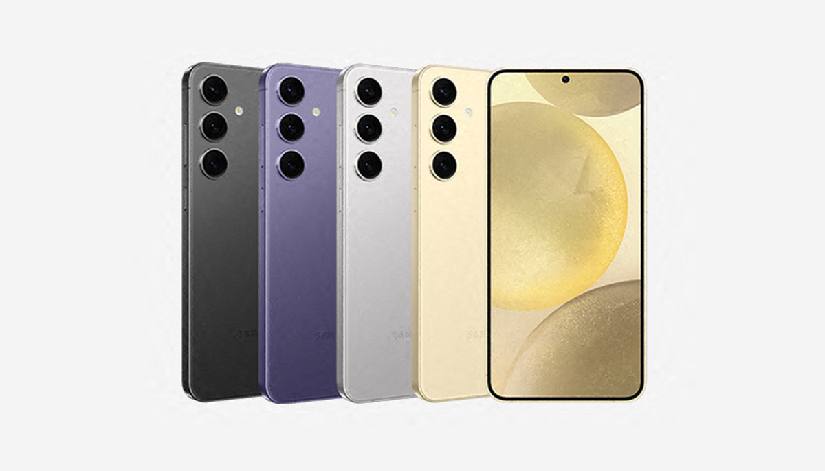 Quattro smartphone affiancati: nero, viola, bianco e oro. Ogni telefono ha tre obiettivi della fotocamera sul retro. Lo schermo � acceso.