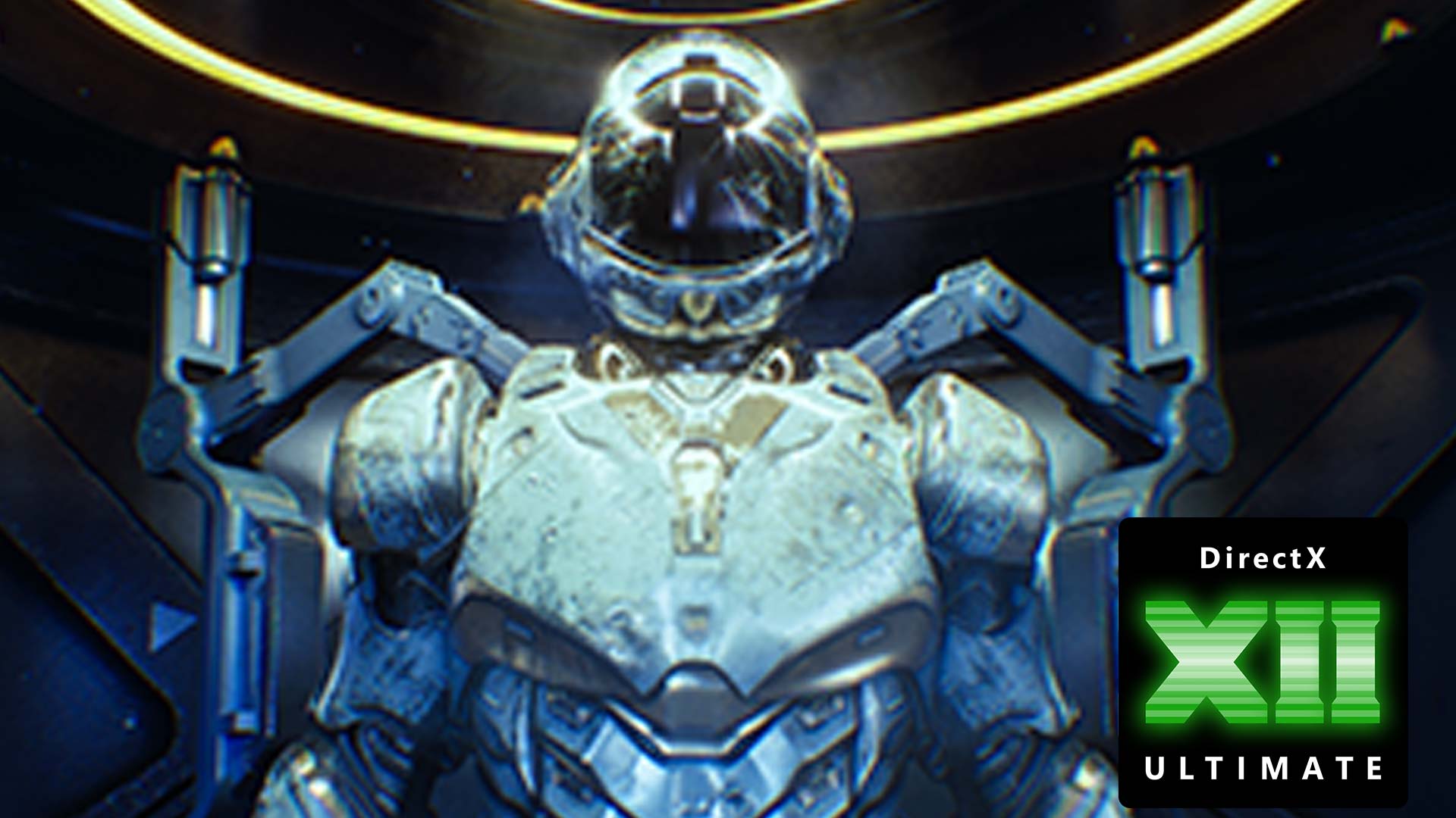 Armatura futuristica con elmetto e dettagli blu, su sfondo scuro con anello luminoso. Logo DirectX in basso a destra.