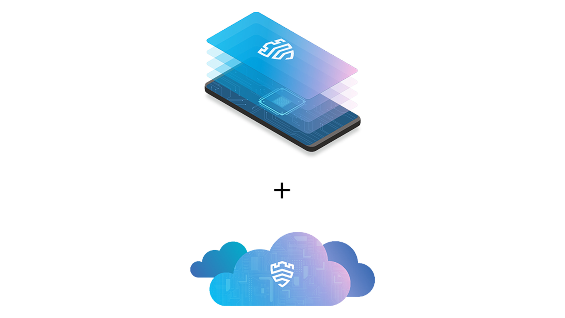 Grafica di un telefono con livelli blu e viola sopra, un segno pi� e una nuvola con un'icona.