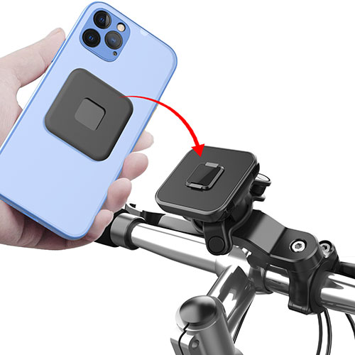 Supporto per telefono nero su manubrio di bici, con un telefono azzurro. Freccia rossa indica il punto di attacco.