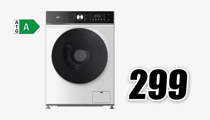 Lavatrice bianca con oblò nero e pannello comandi scuro. Etichetta energetica verde A. Prezzo 299 in grande.