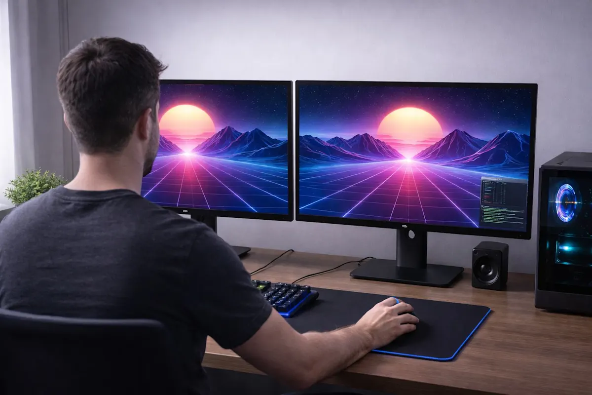 persona seduta al pc avanti a due monitor