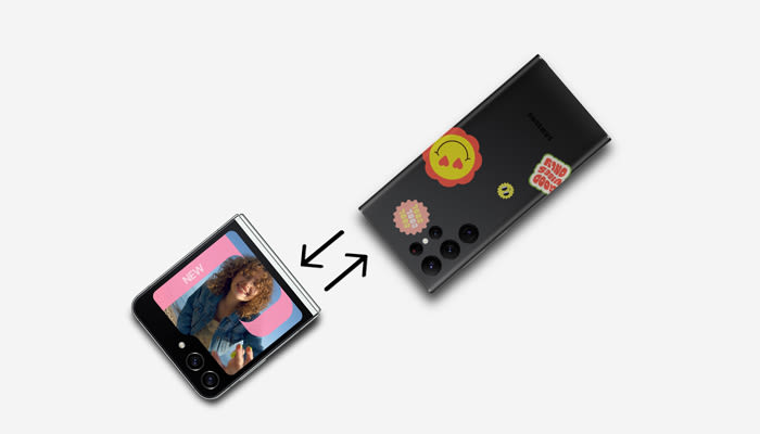 Due telefoni neri, uno pieghevole con schermo acceso, sono collegati da frecce su fondo bianco.