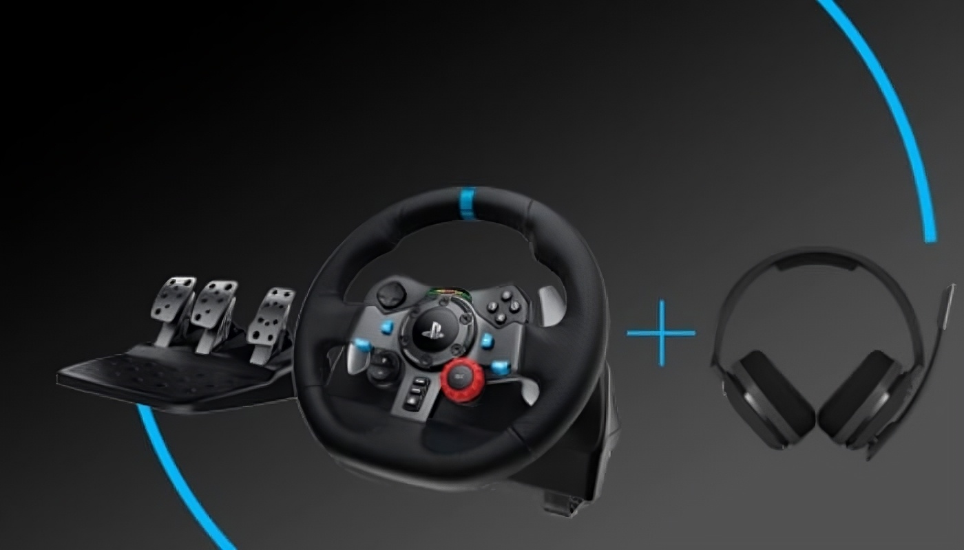 Mouse nero su tappetino nero con logo, inquadrato su sfondo scuro con elementi decorativi blu.