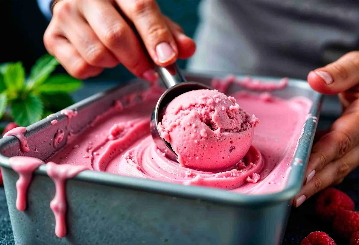 Una persona prende gelato rosa da una vaschetta di metallo con un porzionatore. Sullo sfondo, foglie verdi e lamponi.