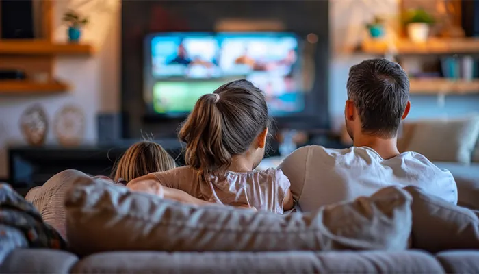 Un padre e due bambini guardano la TV da un divano beige in un soggiorno. Sullo sfondo si vedono scaffali di legno.