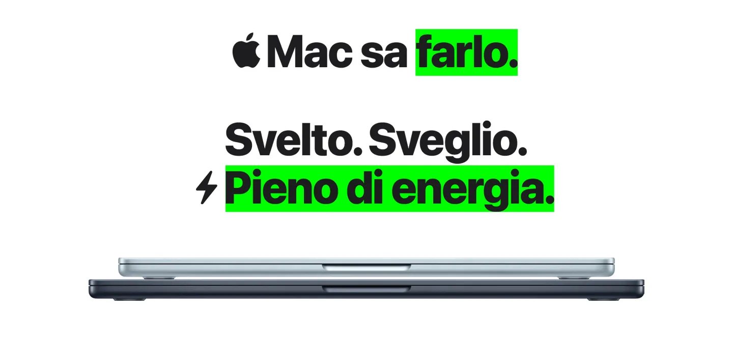 Portatile Mac grigio chiaro chiuso e posato su un portaportatile grigio scuro. Testo con scritto: Mac sa farlo. Svelto. Sveglio. Pieno di energia
