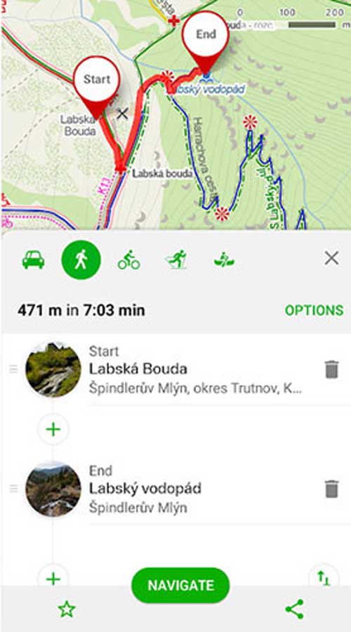Mappa con percorso rosso da "Start" a "End". Dettagli del percorso: 471 m in 7:03 min. Opzioni di navigazione e pulsante "NAVIGATE".