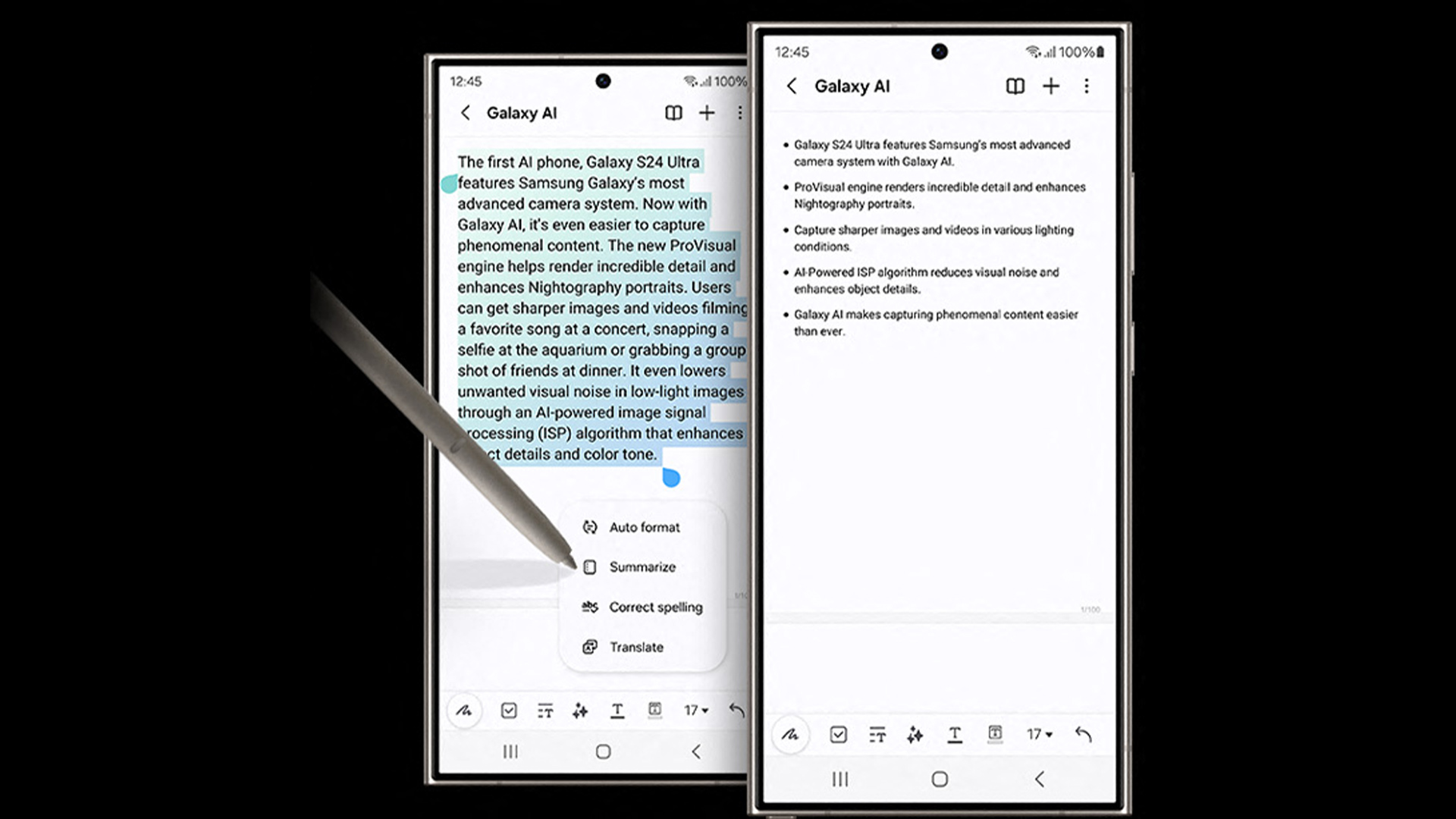 Ecco due telefoni che mostrano funzionalit� di intelligenza artificiale. Uno ha un menu a comparsa con le opzioni "Riassumi" e "Traduci".