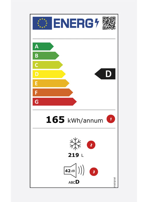 Etichetta energetica di un frigorifero di classe D, consumo 165 kWh/anno, volume 219 L e rumorosit� 42 dB.