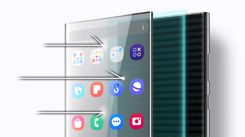 Schermata di cellulare con icone app colorate e frecce. Sullo sfondo, codice binario verticale verde su nero.