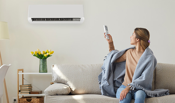 Donna seduta su un divano con telecomando puntato verso un condizionatore. Sullo scaffale ci sono tulipani gialli e libri.