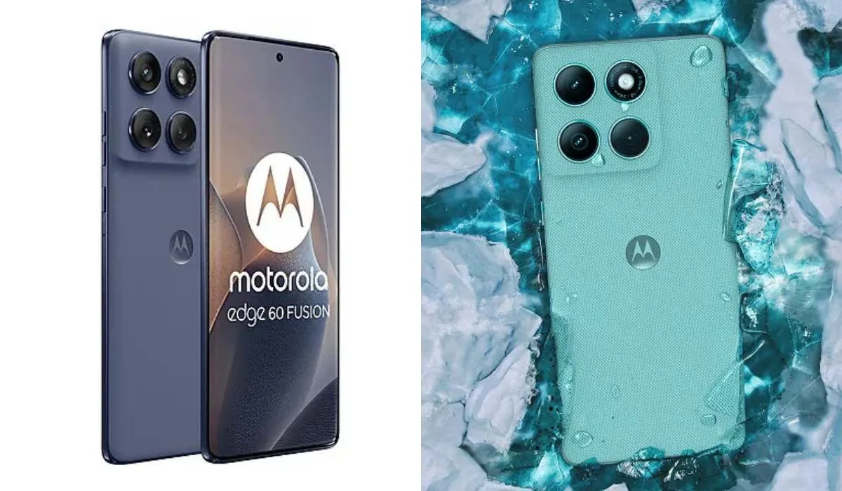 Ecco due telefoni Motorola Edge 60 Fusion: uno grigio, l'altro turchese su sfondo bianco-azzurro. Entrambi hanno quattro obiettivi.