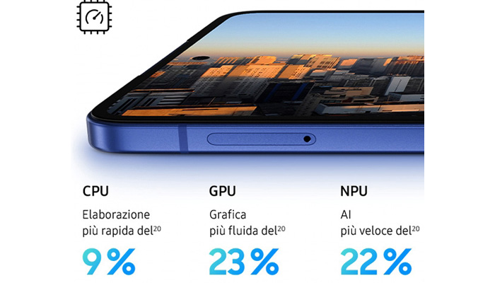 immagine di un telefono smasung con l'immagine di grattacieli e sotto scritta riguardo a dettagli riguardanti cpu, gpu e npu