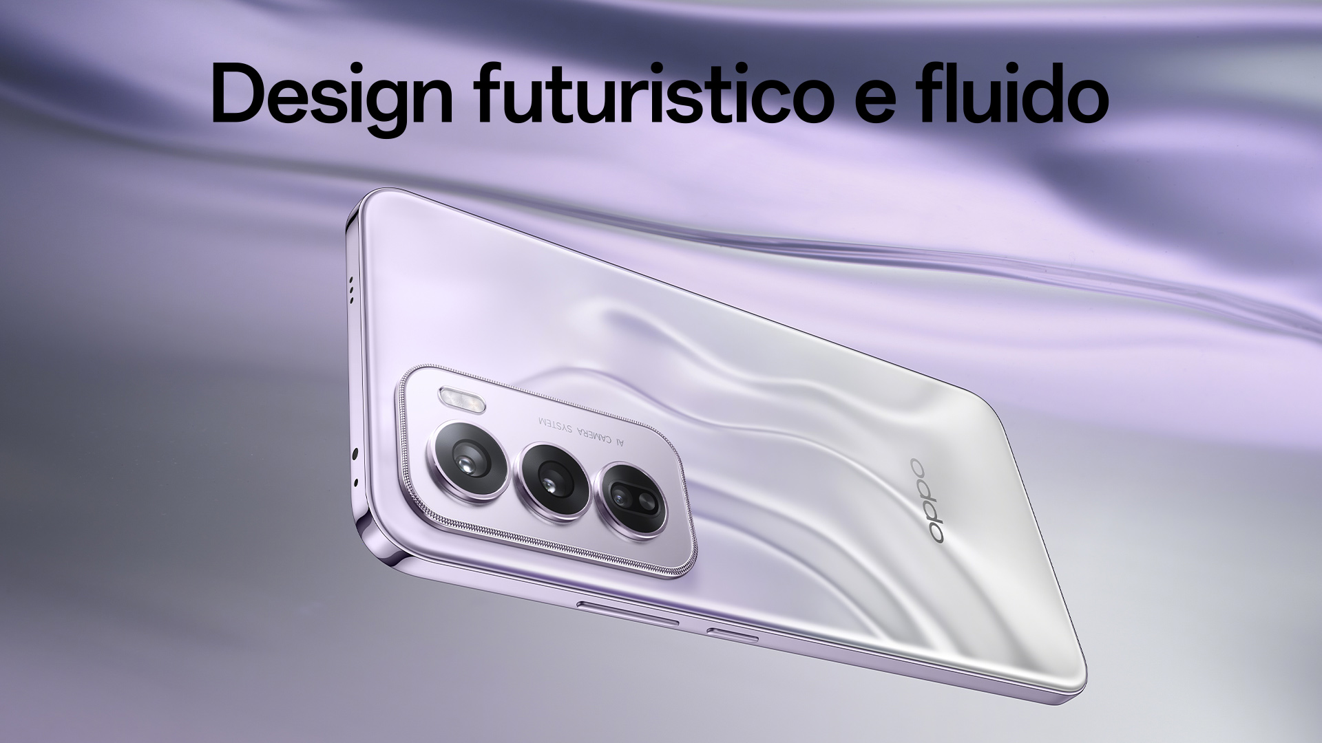 Vista posteriore di un telefono Oppo color argento con tripla fotocamera su sfondo astratto viola.