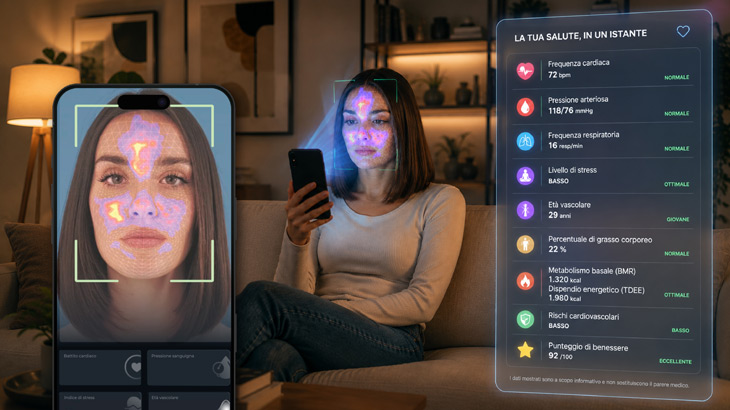 Una donna seduta al divano mentre fissa lo smartphone per uno scanning visivo