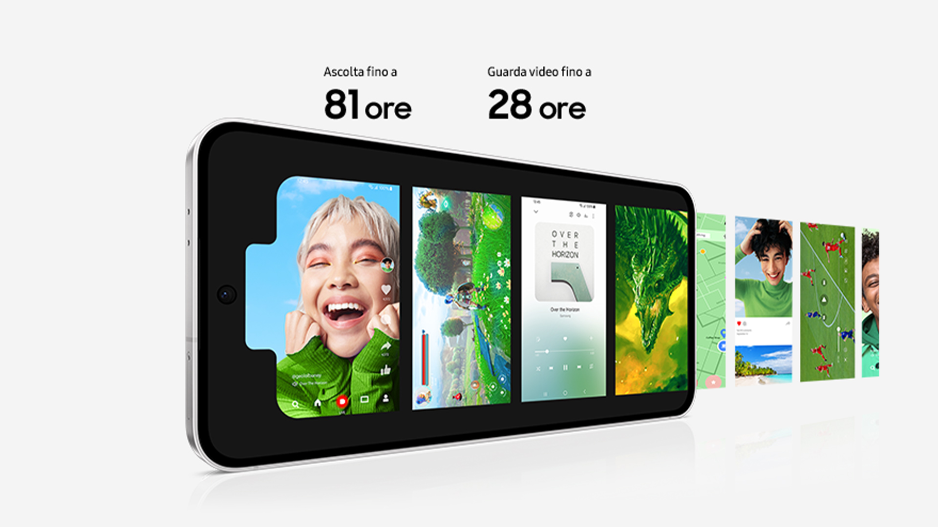 Tablet con schermo che mostra varie app e immagini, inclusi volti sorridenti e paesaggi. In alto, scritte indicano "81 ore" e "28 ore".