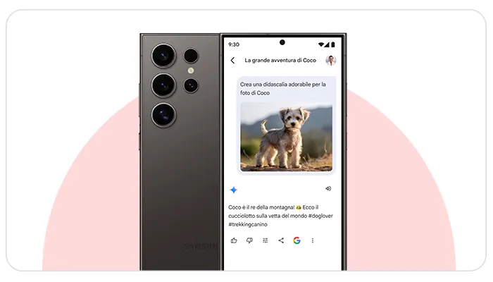 Telefono che mostra un'immagine di un cane con testo. Sul retro del telefono si notano tre obiettivi della fotocamera.