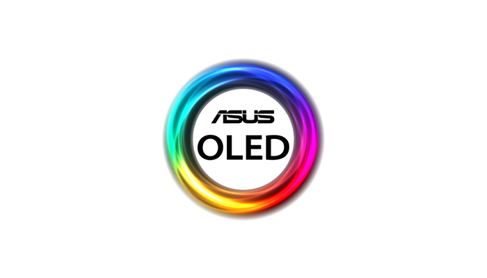 Logo ASUS OLED su sfondo bianco. Il logo � circondato da un cerchio multicolore.