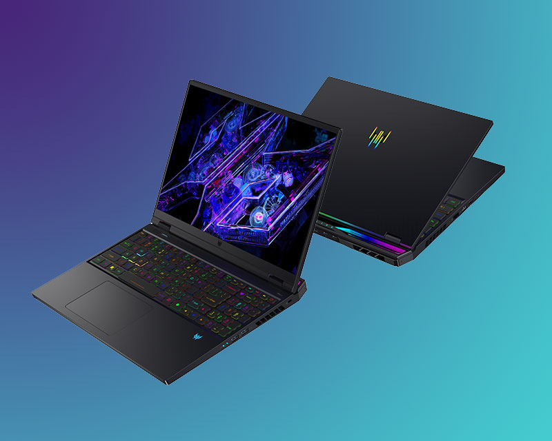 Due computer portatili neri su sfondo blu-viola. Uno � aperto, con schermo acceso che mostra grafica colorata.
