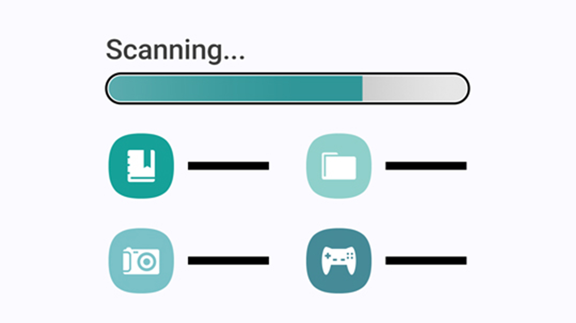 Barra di avanzamento con "Scansione..." sopra, seguita da icone per libro, cartella, fotocamera e controller di gioco.