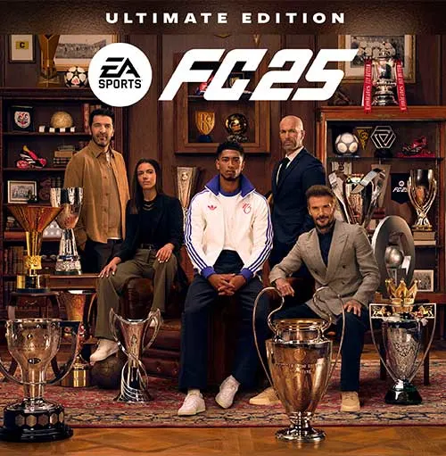 Copertina di "FC 25 Ultimate Edition" con calciatori, trofei e scaffali pieni di oggetti decorativi.