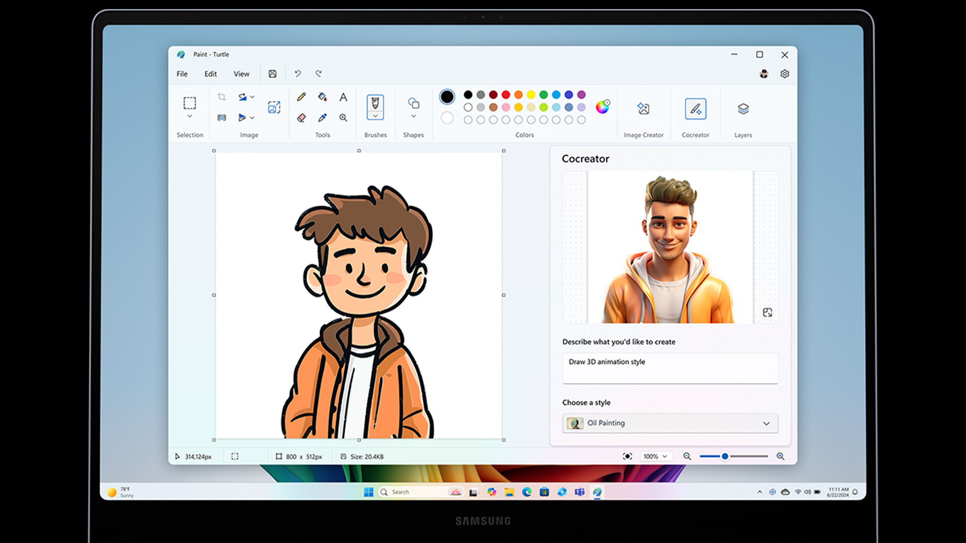Schermo di un laptop che mostra l'interfaccia di Paint con un disegno animato a sinistra e opzioni di creazione a destra.
