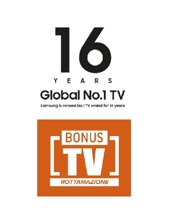 Banner promozionale per TV con scritte nere "16 YEARS Global No.1 TV" e logo arancione "BONUS TV ROTTAMAZIONE".