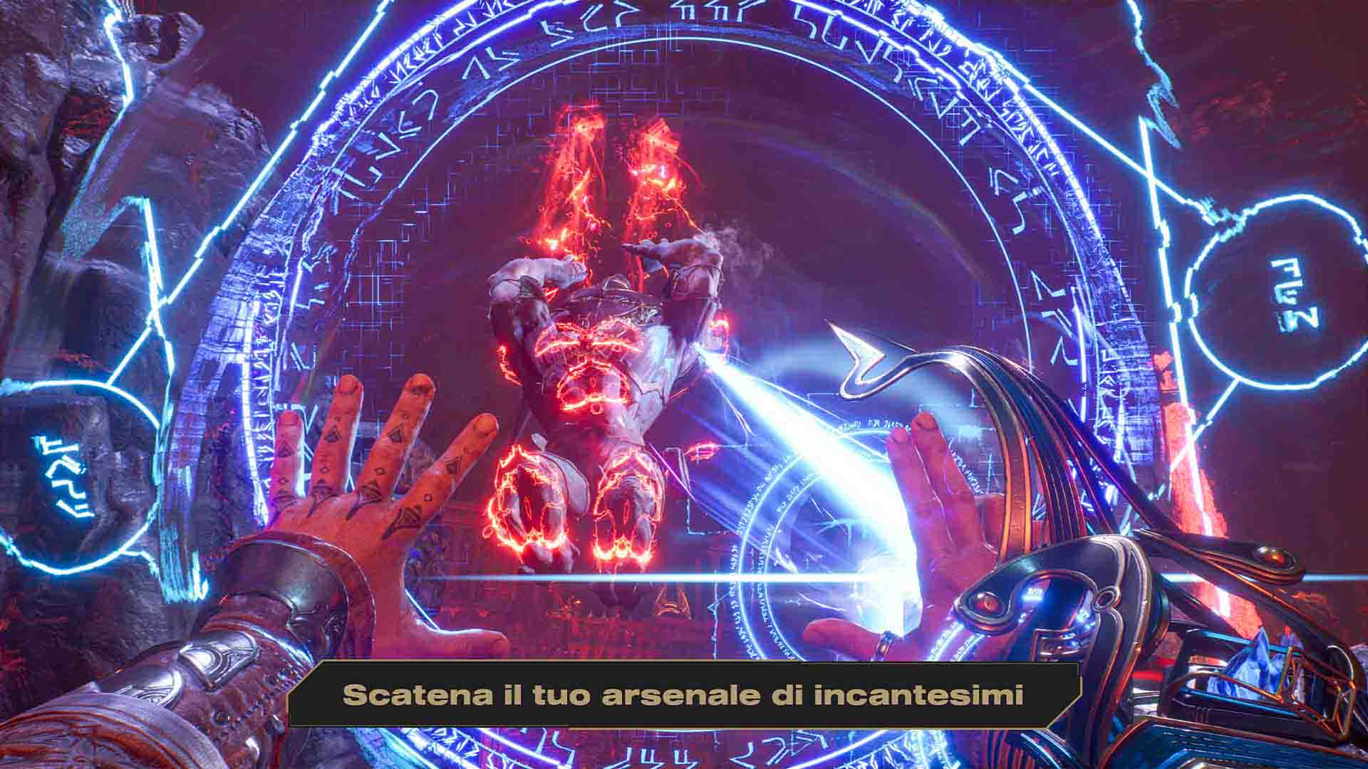 Visuale di gioco mostra mani tatuate che lanciano incantesimi rossi e blu su un nemico in portale magico.