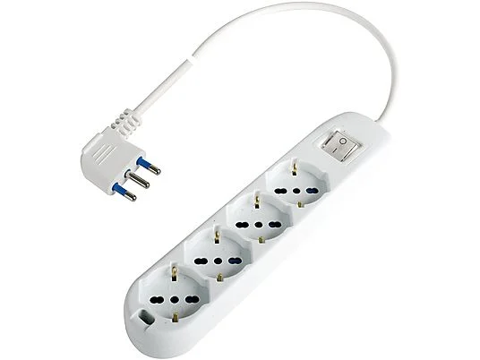 Cavo di alimentazione bianco con quattro prese, spina a tre poli blu e interruttore on/off.