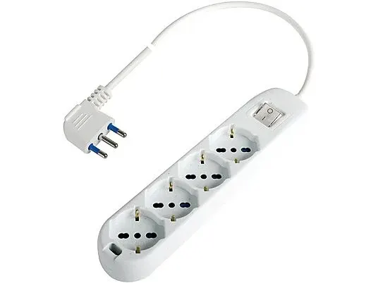 Cavo di alimentazione bianco con quattro prese, spina a tre poli blu e interruttore on/off.
