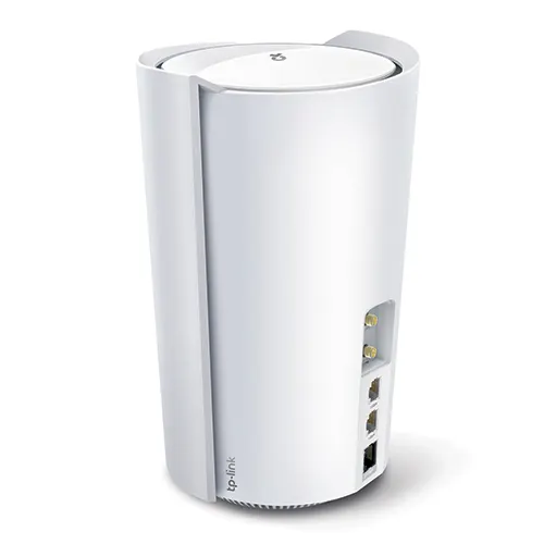 Router bianco con porte ethernet e alimentazione visibili sul retro.