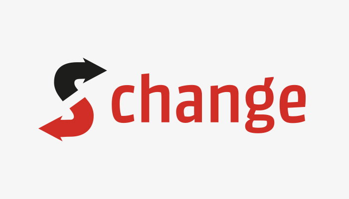 Logo "change" con frecce nera e rossa su sfondo bianco.
