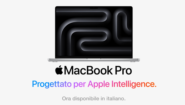 Laptop MacBook Pro aperto su sfondo bianco. Sullo schermo si vede un motivo geometrico nero e grigio.