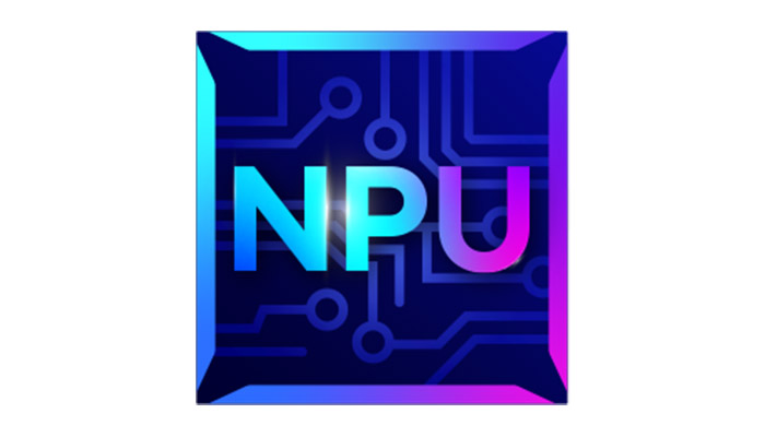 Logo quadrato blu con scritte "NPU" sfumate dal ciano al fucsia e sfondo con schema di circuito.