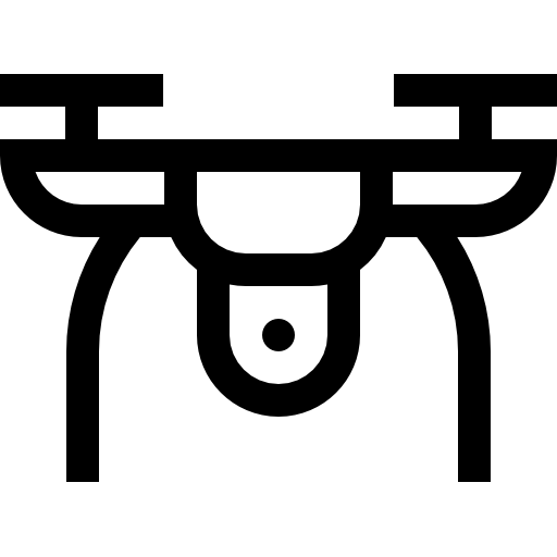 Icona nera di un drone con quattro bracci e una fotocamera centrale su uno sfondo bianco.