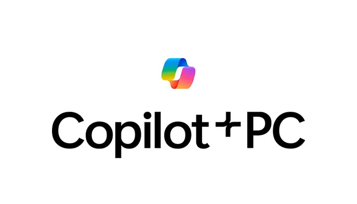 Logo "Copilot+PC" in nero su sfondo bianco. Sopra, simbolo multicolore a forma di nastro.
