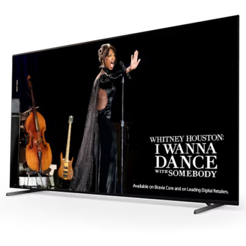 Schermo TV con Whitney Houston che canta. Sullo sfondo un contrabbasso, una chitarra e testo del film.