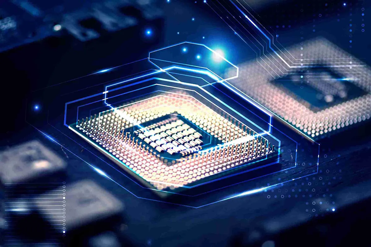 Circuito stampato blu scuro con due chip CPU evidenziati da linee luminose.
