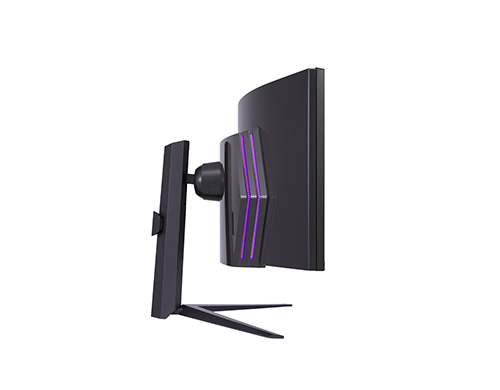 Monitor curvo nero con strisce viola sul retro, su un supporto a forma di V. Lo sfondo � bianco.