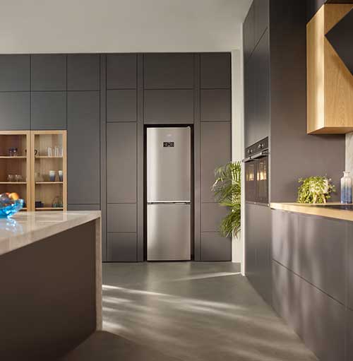 Cucina moderna con mobili grigi, frigo in acciaio, forno a muro e ripiano in legno chiaro. Piante decorative.