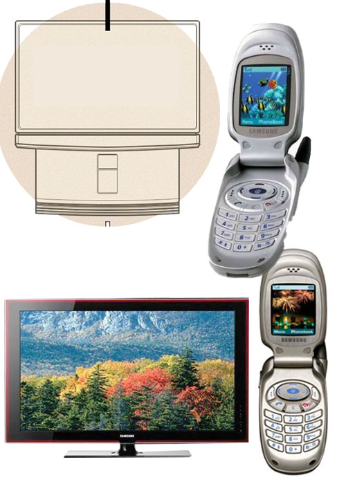 Schermo TV che mostra un paesaggio, uno schema TV, due telefoni cellulari a conchiglia.