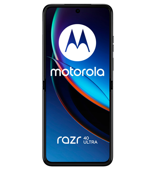 Telefono Motorola con sfondo blu e logo bianco. Il testo "motorola" e "razr 40 ultra" sono visibili.