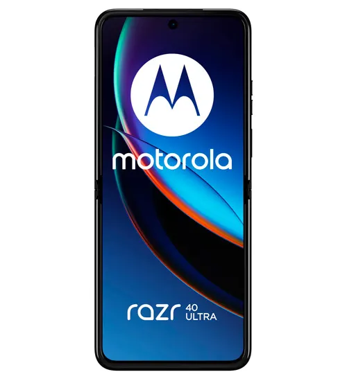 Telefono Motorola con sfondo blu e logo bianco. Il testo "motorola" e "razr 40 ultra" sono visibili.