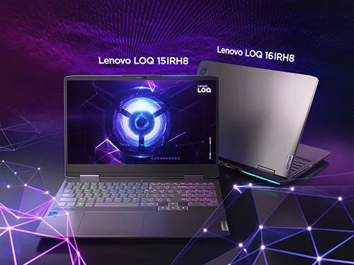 Due computer portatili Lenovo LOQ su sfondo viola. Uno � aperto, con tastiera visibile e schermo illuminato.