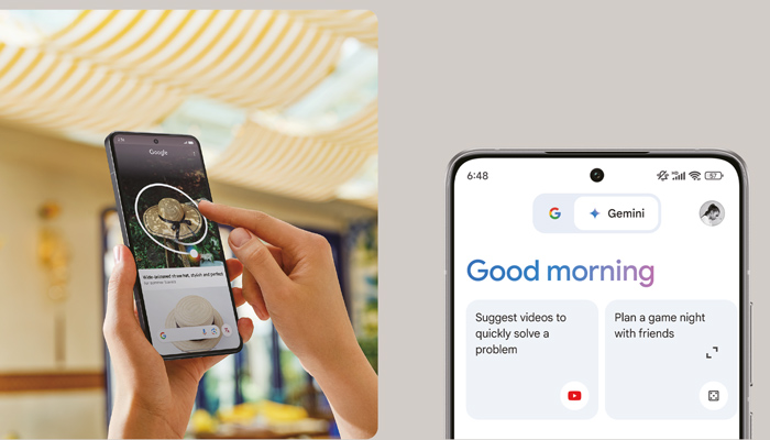 Un telefono mostra una foto di un serpente. Un altro telefono mostra una schermata con scritto "Good morning" e suggerimenti.