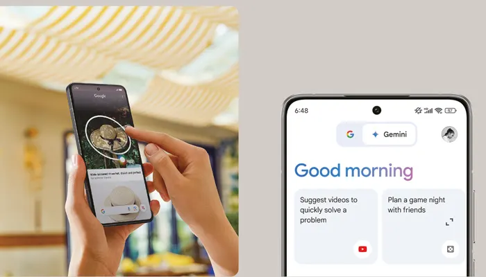 Un telefono mostra una foto di un serpente. Un altro telefono mostra una schermata con scritto "Good morning" e suggerimenti.