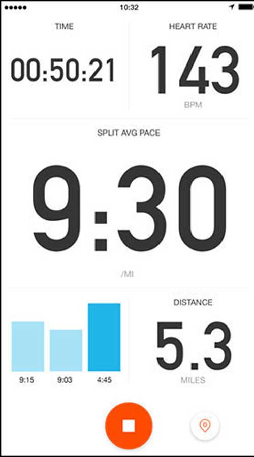 Schermata dell'app di allenamento che mostra 00:50:21 di tempo, 143 BPM, ritmo 9:30 e distanza 5,3 miglia.